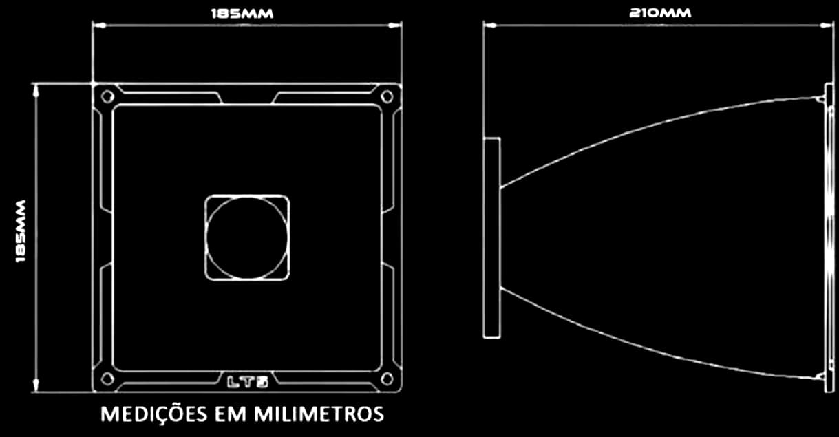 Desenho técnico da corneta LTS 19/21, vistas frontal e lateral, com as medidas em milímetros