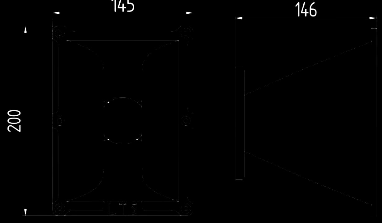 Desenho técnico da corneta LTS 20/15, vistas frontal e lateral, com as medidas em milímetros